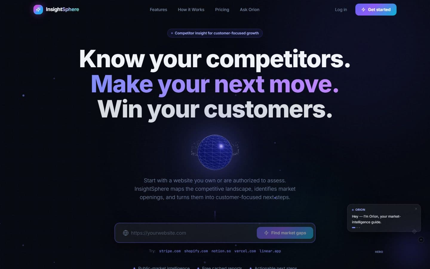 Screenshot of the InsightSphere homepage for competitor and market insight reports