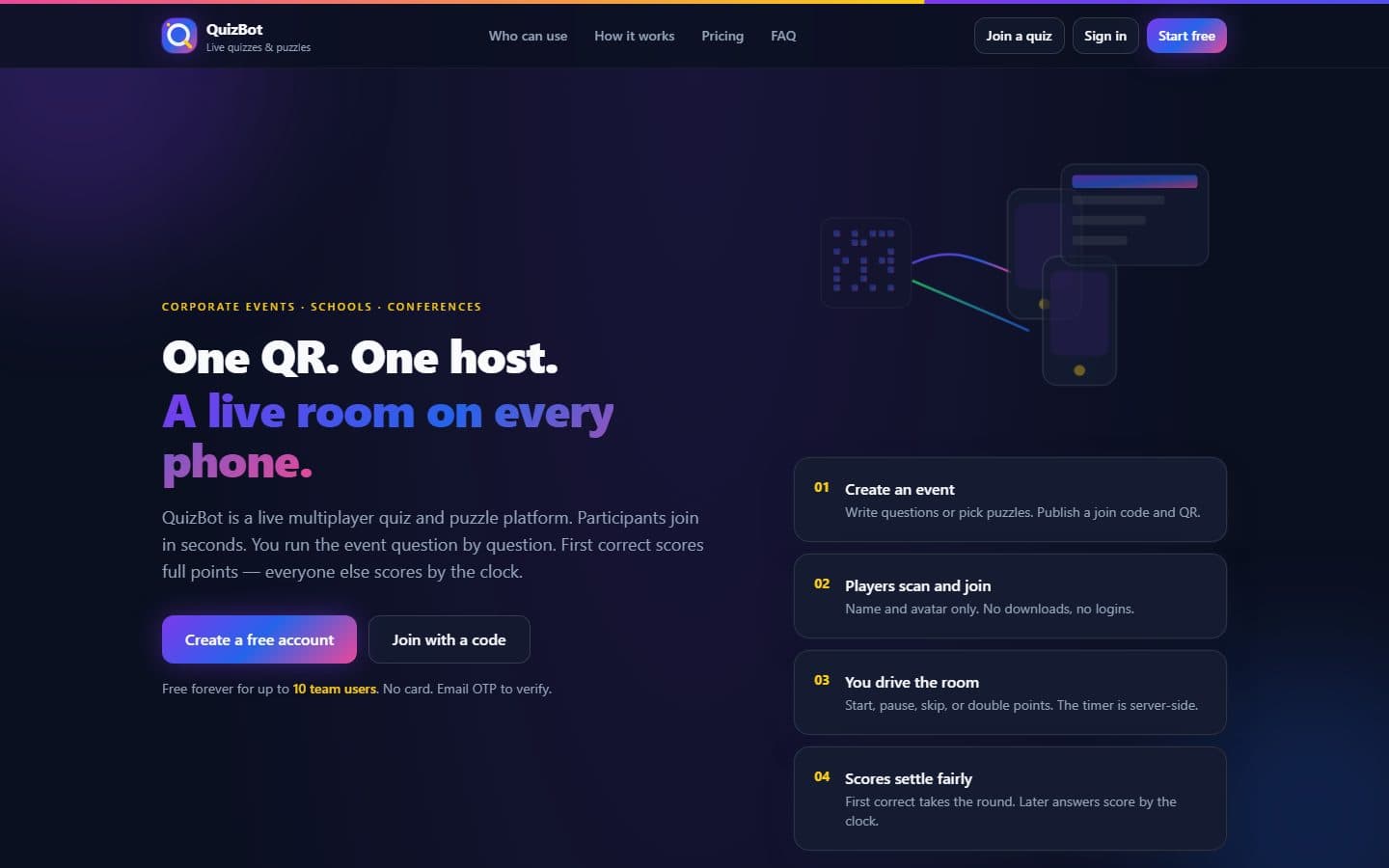 Screenshot of the QuizBot homepage showing how a live quiz room is created and joined