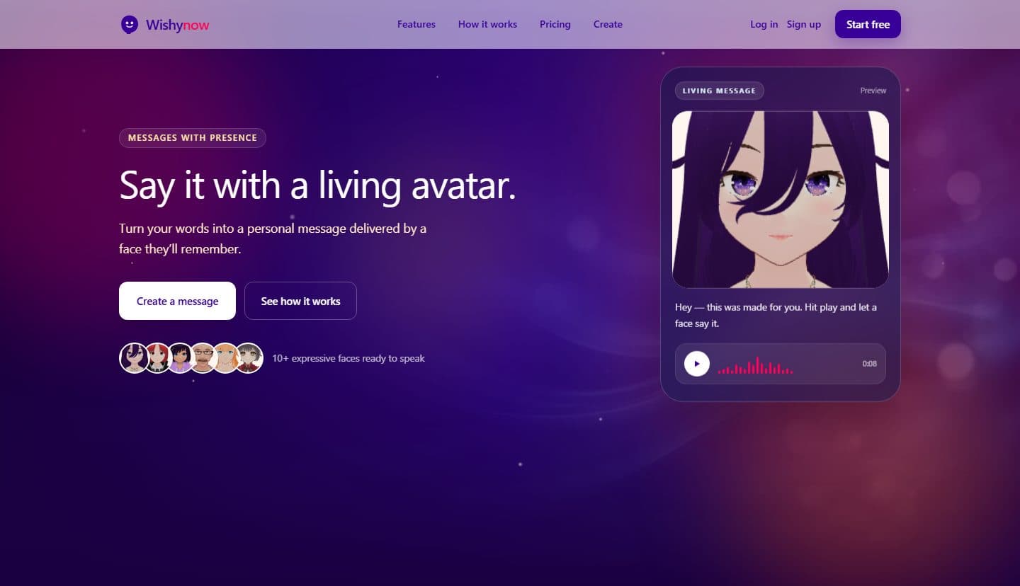 Screenshot of the Wishynow homepage showing a living avatar message preview